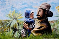 Hombre con bebé en el campo verde, bonito conjunto de murales en Cúcuta. Colombia, Sudamerica.