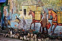 Homens e cavalos, mural na passagem Chila Mogollon Torres em Pamplona. Colômbia, América do Sul.
