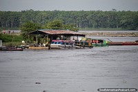 Passenger boats docked on the Magdalena River in Barrancabermeja, thick distant jungle. Colombia, South America.