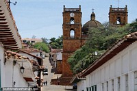 Cathedral in Barichara, an 18th century sandstone church that can be seen from all around town. Colombia, South America.