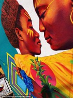 Large mural of 2 people close together at Plaza Chorro de Quevedo in Bogota. Colombia, South America.