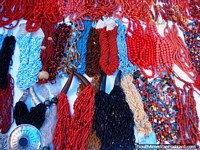 Interesting beads and necklaces in Otavalo. Ecuador, South America.