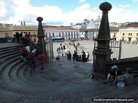 Sitting on the stairs around Plaza de San Francisco in Quito. Ecuador, South America.
