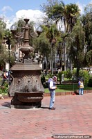 Larger version of A fancy bronze colored streetlamp looks like a teapot in Riobamba.
