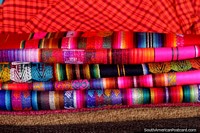 Very powerful shades of colors all together, material for sale at Plaza Roja in Riobamba. Ecuador, South America.