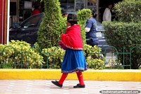Quechua woman with a peacock feather in her hat, dressed in red and blue, Alausi. Ecuador, South America.