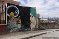 A woman, cat and the moon, mural around Cuenca. Ecuador, South America.