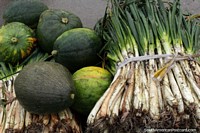 Ecuador Photo - Spring onions and squash, ready for action at Saquisili market.