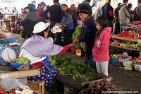 Woman and her granddaughter buy parsley and spinach at Plaza Gran Colombia in Saquisili. Ecuador, South America.