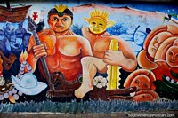 Escena con guerreros indígenas, arte callejero en Esmeraldas. Ecuador, Sudamerica.