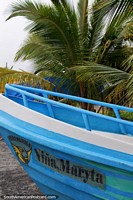 Blue boat beside a small palm tree at the beach in Mompiche. Ecuador, South America.