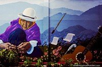 Notes of music rise up from the grass as a woman tends, musical mural in Loja. Ecuador, South America.