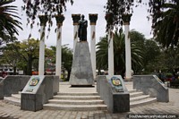 Grand monument with 6 white columns (for 6 countries) at Bolivar Park in Loja. Ecuador, South America.
