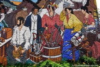 Larger version of Guns and swords, cattle and horses, men and women, part of the huge mural in Loja.