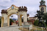 City gates and tower with clock in Loja, built in 1571. Ecuador, South America.
