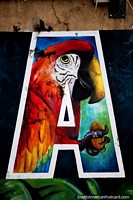 Red macaw, the first letter A in Yantzaza at the new malecon. Ecuador, South America.