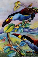 Par de tucans exótico, pássaros no sertão, mural em Limon. Equador, América do Sul.