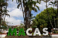Bienvenido a Macas, gran letrero y palmeras en Parque Central. Ecuador, Sudamerica.