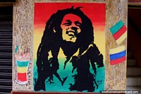 El mural de Bob Marley en Banos, el clásico con colores reggae, del artista Windy. Ecuador, Sudamerica.