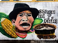 Venga mi vida, una comida pobre de los agricultores, sopa y maíz, arte callejero en Latacunga. Ecuador, Sudamerica.