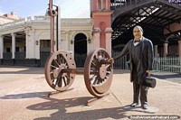 Railway station in Asuncion with President Carlos Antonio Lopez in 1854 when the first line was built. Paraguay, South America.
