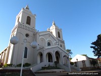 The attractive cathedral in Encarnacion, 2 towers and grand entrance. Paraguay, South America.