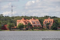 Hotel or apartments on the edge of Lake Ypacarai at San Bernardino. Paraguay, South America.