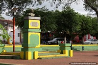 Plaza Farina in Caacupe with monument and places to sit. Paraguay, South America.