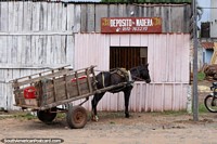 Caballo y el carro se encuentra fuera de una tienda de madera en Villa Rica, Maderas J.D. Paraguay, Sudamerica.