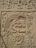 Designs engraved on the walls of the Huaca Arco Iris o Dragon in Trujillo. Peru, South America.
