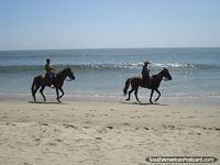 Cavalo que monta em praia de Mancora. Peru, América do Sul.