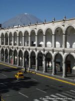 A plaza of archways and mountain views in Arequipa.
