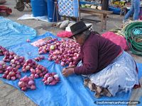 Una mujer pone sus cebollas rojas frescas en pequeñas hemorroides en los mercados de Andahuaylas. Perú, Sudamerica.