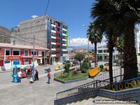 Shops and hotels around Plaza Micaela Bastidas in Abancay. Peru, South America.