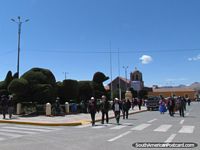 La plaza, la iglesia y el animal crearon árboles en Yunguyo. Perú, Sudamerica.
