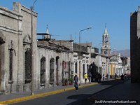 The beautiful city streets in Arequipa with old buildings.