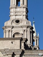 Peru Photo - Designs in stone of the church steeples around the plaza in Arequipa.
