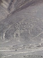 Uma figura com grandes olhos em uma ladeira, um de Palpa Geoglyphs perto de Nazca. Peru, América do Sul.
