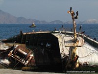 Birds sit on the shipwreck on the waterfront in Chimbote. Peru, South America.