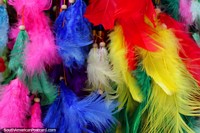 More brightly colored feathers, arts and crafts of Tingo Maria. Peru, South America.