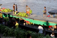 Bananas tiradas o barco e posto os bancos de rio em Pucallpa. Peru, América do Sul.