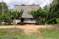 Wooden house with thatched roof, washing dries outside, Amazon, between Pucallpa and Tingo Maria. Peru, South America.