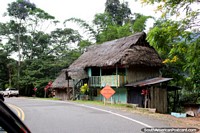 Jungle houses with thatched roofs beside the road in the Cordillera Escalera, north of Tarapoto. Peru, South America.