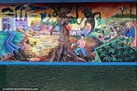 O retrato de equipa a destruição da floresta de chuva, mural em Yurimaguas. Peru, América do Sul.