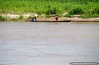4 niños en una canoa del río en el borde del río más pequeño de Huallaga al sur de Lagunas. Perú, Sudamerica.