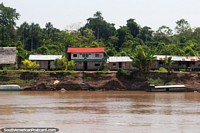 Houses in the community of San Pedro on the Maranon River in the Amazon. Peru, South America.