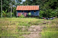Casa no Amazônia com telhado de ferro ondulado, secando toalhas e lavando-se na linha, Los Majasitos. Peru, América do Sul.