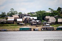 Uma comunidade de casas de madeira com telhados cobertos com palha, examine do Rio de Amazônia entre Iquitos e Santa Rosa. Peru, América do Sul.
