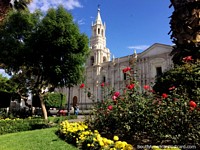 Basilica Cathedral of Arequipa built in 1540 but destroyed by many earthquakes throughout history. Peru, South America.