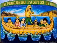 Versão maior do Crianças em um barco de dragão em Lago Titicaca, mural no porto em Puno.